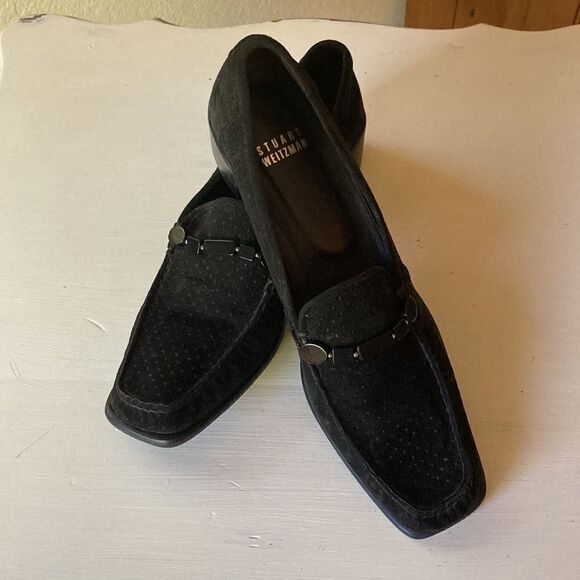 Stuart Weitzman Vintage 90’s Black Perforated Suede Charm Loafers Detail Sz 8.5 - Picture 9 of 16